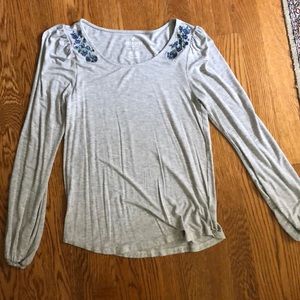 Grey, long sleeve top with blue floral embroidery